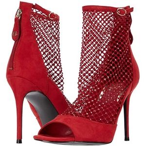 NIB GUESS Sz 7.5M Kadra 2 Mesh Red Peep Toe Open Toe Booties